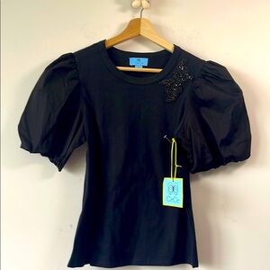 CeCe Black Puff Sleeve Embellished Blouse